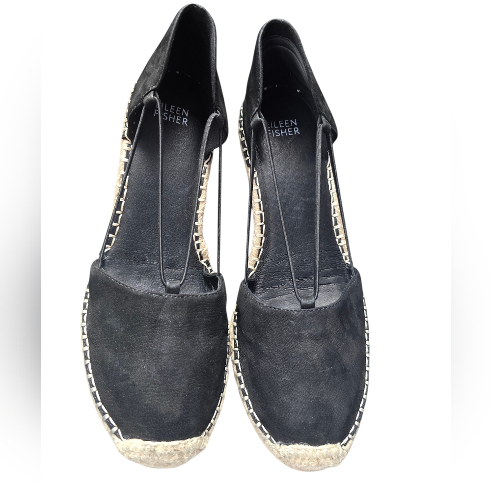 Eileen Fisher Black Yasmin Espadrille Wedge Sandals Size 8 - Picture 2 of 9